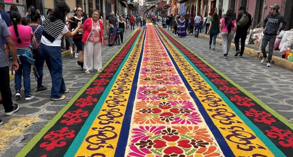 Colorido arte efímero fruto de la devoción de un pueblo por su Santa Patrona, parte de la magia del Pueblo Mágico de Coatepec. 