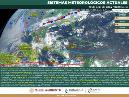 Una vaguada semipermanente sobre el oeste-suroeste del Golfo de México y el avance hacia el oeste de la onda tropical 13 con eje esta mañana al sur del oeste de Cuba, seguirán combinándose con el comportamiento del viento en altura (cizalladura-divergencia) para mantener el Temporal Lluvioso en el estado de Veracruz, con tormentas eléctricas y algunos eventos localmente fuertes e intensos.