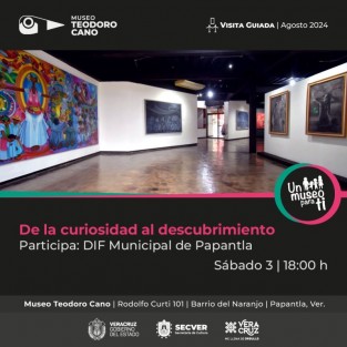 La Secretaría de Cultura de Veracruz, a través del Museo Teodoro Cano, en Papantla, Ver.,invita a la población adulta mayor y al público en general a participar en la visita guiada De la curiosidad al descubrimiento. La actividad se llevará a cabo el sábado 3 de agosto a las 18:00 horas, como parte del programa Un museo para ti. 