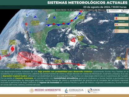Por la mañana, ambiente templado; fresco con bancos de nieblas en zonas altas. Durante la tarde, cielo nublado con lluvias puntuales muy fuertes en Veracruz y Tabasco. 
