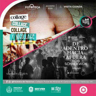 La Secretaría de Cultura de Veracruz invita a participar en la visita guiada que se llevará a cabo en la Fototeca de Veracruz como parte de las actividades de Un museo para ti. Las y los asistentes podrán recorrer las exposiciones De dentro hacia afuera y Collage, collage, collage y nicollage el próximo viernes 9 de agosto a las 16:00 horas en Portal de Miranda 9, Centro Histórico del puerto de Veracruz.