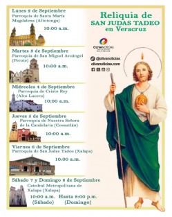 La Arquidiócesis de Xalapa dio a conocer este martes, la visita de la reliquia de San Judas Tadeo a su territorio, en la primera semana del mes de septiembre. 