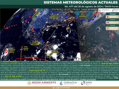 Cielo medio nublado por la mañana, con posibles lluvias aisladas en Tabasco y el sur de Veracruz. Ambiente matutino templado, siendo fresco con bancos de niebla en zonas altas, y frío en zonas montañosas de Veracruz. 