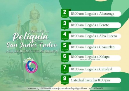 Este domingo inicia la visita de la reliquia (en singular, pues sólo es un trozo de hueso del brazo) de San Judas Tadeo (uno de los 12 apóstoles) por varias parroquias de la Arquiócesis de Xalapa, misma que se prevé generará gran movilización de personas. 