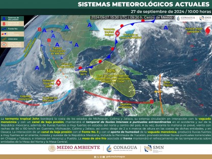 Cielo nublado con lluvias puntuales torrenciales en Tabasco; e intensas en Veracruz, todas con descargas eléctricas, las cuáles podrían ocasionar deslaves, inundaciones y encharcamientos, así como incrementar los niveles de ríos y arroyos.