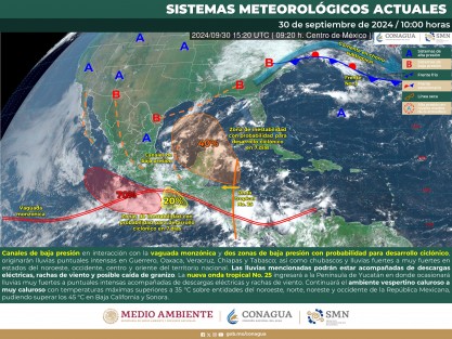 Lunes 30: probabilidad de lluvias con tormentas, acumulados de 5 a 20 mm de forma general con máximos de 70 a 150 mm entre las cuencas del Papaloapan al Tonalá, sin descartar mayores a estos rangos de forma más dispersa.
