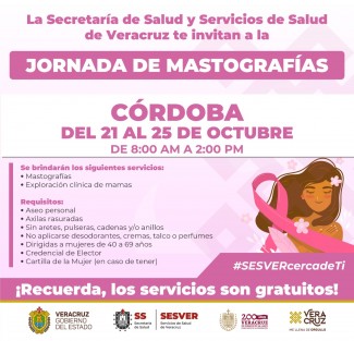 Todo el mes de octubre, unidades móviles de la Secretaría de Salud realizan jornadas de mastografías y exploración clínica de mamas a mujeres de 40 a 69 años, a través de las 11 jurisdicciones sanitarias del estado.