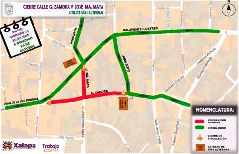 Ayuntamiento de Xalapa informa que a partir de este viernes a las 20:00 horas, la esquina de las calles Zamora y Mata, en el centro de Xalapa, estará cerrada por trabajos de rehabilitación de pavimento. 