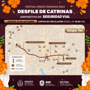 Con motivo del Desfile de Catrinas que se efectuará este jueves 31 de octubre, la Secretaría de Seguridad Pública del Estado de Veracruz a través de la Dirección General de Tránsito y Seguridad Vial del Estado de Veracruz implementará un dispositivo vial y hará cortes a la circulación en calles de la zona centro de Xalapa. Anticipe recorridos, maneje con precaución.