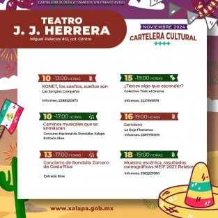 La Dirección de Cultura del Ayuntamiento de Xalapa invita a las actividades programadas para este mes de noviembre en sus diferentes espacios. Todas las expresiones del arte. Consulte carteleras en https://www.facebook.com/XalapaAyuntamiento y https://www.facebook.com/xalaparecreativa 