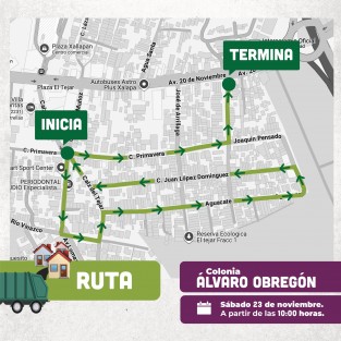 La Dirección de Salud del Ayuntamiento de Xalapa, a través del Departamento de Regulación Sanitaria, los invita a la Jornada de Descacharrización  que se llevará a cabo en la colonia Álvaro Obregón el próximo sábado 23 de noviembre a partir de las 10:00 horas.
