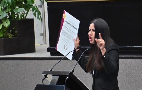 Continuando con el papel que ha asumido en el Congreso del Estado, la diputada panista Indira Rosales llevó la bufa de un reconocimiento impreso y sin enmarcar,  al  Gobernador del Estado, a su decir, por sus malos resultados. 
