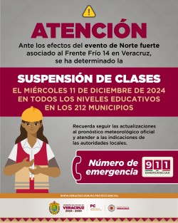 El Gobierno del Estado de Veracruz suspenderá clases en todos los niveles educativos en los 212 municipios este miércoles 11 de diciembre, derivado del evento fuerte de norte asociado al paso del Frente Frío número 14.