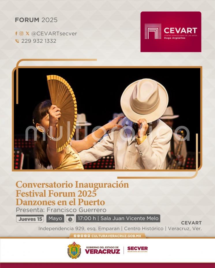 El Gobierno del Estado invita al Festival Forum 2025 Danzones en el Puerto, que se lleva a cabo en el Centro Veracruzano de las Artes Hugo Argüelles (CEVART), con la intervención de bailadores, promotores, investigadores, especialistas, músicos, compositores, arreglistas y grupos de baile