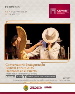 El Gobierno del Estado invita al Festival Forum 2025 Danzones en el Puerto, que se lleva a cabo en el Centro Veracruzano de las Artes Hugo Argüelles (CEVART), con la intervención de bailadores, promotores, investigadores, especialistas, músicos, compositores, arreglistas y grupos de baile