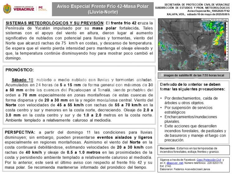 A partir del domingo 11 las condiciones para lluvias disminuyen; sin embargo, pueden presentarse eventos aislados y ligeros especialmente en regiones montañosas.