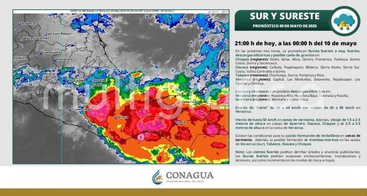 De las 21:00 h de hoy, a las 00:00 h del 10 de mayo En las próximas tres horas, se pronostican lluvias fuertes a muy fuertes.