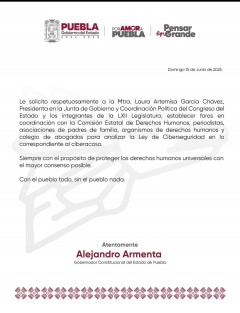 A través de su cuenta de X, Alejandro Armenta Gobernador de Puebla, solicitó que se realicen diálogos y foros sobre la reciente ley aprobada en Ciberseguridad.