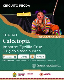 La Secretaría de Cultura de Veracruz (SECVER) invita a Calcetopía, espectáculo unipersonal de teatro a cargo de Zyzlila Lizeth Cruz Manzanero, que se realizará el miércoles a las 18:00 horas en el Centro Cultural Casa Principal como parte de las actividades del Circuito PECDA. La entrada es gratuita para el público en general.

