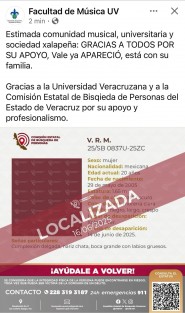 A través de un comunicado en redes sociales la Facultad de Música UV confirmó que fue localizada Valeria Robalo Martínez