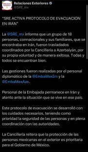 Informó la SRE de México a través de su cuenta de X, que un grupo de 18 mexicanos junto a sus familiares, fueron trasladados Azerbaiyán y todos se encuentran a salvo