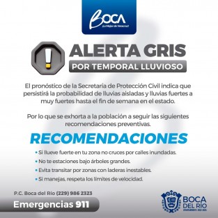 Por Temporal Lluvioso, el pronóstico de la Secretaría de Protección Civil indica que persistirá la probabilidad de lluvias aisladas y lluvias fuertes a muy fuertes hasta el fin de semana en el estado.

Exhortamos a la población a seguir las recomendaciones de las autoridades y a tomar las medidas preventivas necesarias, así como tener a la mano los números de emergencia.