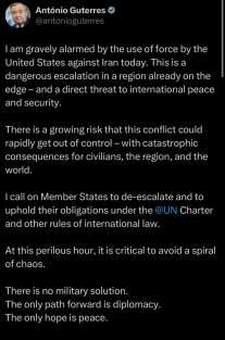 António Guterres secretario general de la ONU, calificó como “peligrosa escalada” los recientes ataques de Estados Unidos contra las tres instalaciones nucleares en Irán, advirtiendo que este conflicto pueda salirse rápido de control.

“Existe un riesgo creciente de que este conflicto se salga rápidamente de control, con consecuencias catastróficas para los civiles, la región y el mundo”. Aseguró Guterres
