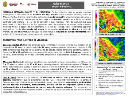 se desactiva la Alerta Gris y se emite este Aviso Especial, recordando que la persistencia de las lluvias independientemente de su cantidad, favorece una mayor saturación de humedad del suelo, y por lo tanto mantendrá la probabilidad alta de deslaves, derrumbes, deslizamiento, crecidas de ríos de respuesta rápida y lenta, encharcamientos e inundaciones de partes bajas de centros urbanos.
