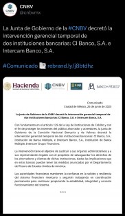 Comunicado oficial de la CNBV en el que se informa sobre la intervención gerencial temporal de CI Banco e Intercam Banco, tras señalamientos del gobierno de Estados Unidos por presunto lavado de dinero.