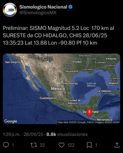 Reporte del sismo de magnitud 5.2 registrado a las 13:35 horas de este sábado 28 de junio, con epicentro 170 km al sureste de Ciudad Hidalgo, Chiapas. Fue el evento telúrico de mayor intensidad del día, según el Servicio Sismológico Nacional.
