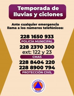 Ante las lluvias provocadas por la Tormenta tropical “Barry”, el Comité Municipal de Protección Civil ha sido instalado en sesión permanente.

Se cierran temporalmente los parques:El Haya, Cerro de Macuiltépetl, los Tecajetes y
Elisa Godos.

Esta medida busca prevenir incidentes por caída de árboles o ramas.
Se pronostican lluvias de 70 a 100 mm hoy y mañana.
Ya están listos los albergues en Centros Comunitarios y Aldea Meced, en caso de ser necesarios.

Evita sacar la basura, podría obstruir alcantarillas y causar inundaciones.
En caso de emergencia, comunícate a:228 840 4220/ 228 890 0794.

