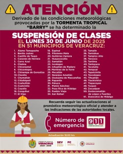 A través de la Secretaría de Educación (SEV) y Protección Civil (PC), informa la suspensión de clases en los turnos matutino y vespertino en 51 municipios
