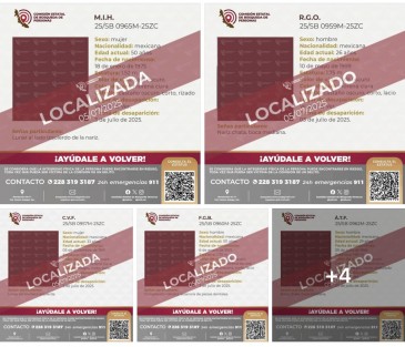 El Gobierno del estado, a través de la Comisión Estatal de Búsqueda de Veracruz, informa que ya fueron localizadas, sanas y salvas, las ocho personas reportadas el pasado jueves 03 de julio en el municipio de Veracruz.

