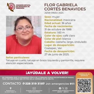 Flor Gabriela Cortés Benavides, taxista reportada como desaparecida desde el pasado 27 de junio en el municipio de Coatepec, fue localizada sin vida, confirmaron autoridades estatales.
