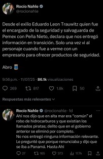 La gobernadora de Veracruz, Rocío Nahle García, rechazó los señalamientos del general Eduardo León Trauwitz, ex subdirector de Salvaguarda Estratégica de Pemex, quien la acusó de haber recibido información clave sobre redes de robo de combustible durante la transición presidencial de 2018, cuando se desempeñaba como secretaria de Energía.

