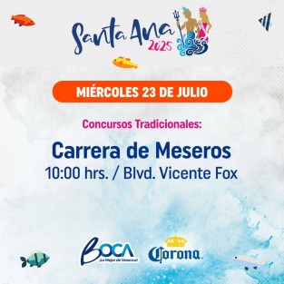 ¿Están listos para nuestros juegos tradicionales de las FIESTAS DE SANTA ANA 2025? 
Si eres mesero, mesera o similar, inscríbete y participa ¡en la carrera preparada para ustedes! 
Miércoles 23 de julio 10:00 hrs./ Blvr. Vicente Fox.
Inscripciones al (229) 548 72 78 o acude a la dirección de Turismo ubicada en el edificio de Registro Civil de lunes a viernes de 9 a 15 hrs. 
¡No te lo pierdas!

