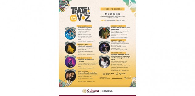 La Secretaría de Cultura de Veracruz (SECVER) y la Coordinación Nacional de Teatro del INBAL presentan la programación de la vigésima edición del Festival de Monólogos TEATRO A UNA SOLA VOZ, que se llevará a cabo del lunes 14 al domingo 20 de julio en la Sala Emilio Carballido del Teatro del Estado General Ignacio de la Llave. La entrada será gratuita con boleto de control.