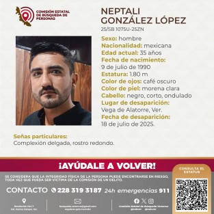 Se pide su colaboración para localizar al C. Neptali González López, cualquier información, contactar al número y/o correo que aparecen al margen de este boletín.