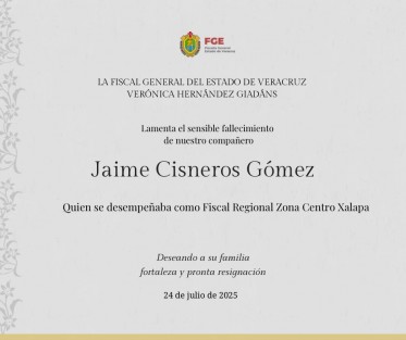 Confirmaron autoridades estatales de Veracruz el fallecimiento de Jaime Cisneros Gómez, Fiscal Regional de Xalapa,  la madrugada de este jueves 24 de julio.