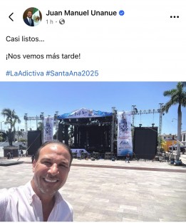 El alcalde de Boca del Río, Juan Manuel Unánue, compartió en redes sociales una fotografía junto al escenario donde este jueves habrán conciertos como parte del programa de las Fiestas de Santa Ana 2025. “Casi listos… ¡Nos vemos más tarde!”, escribió.