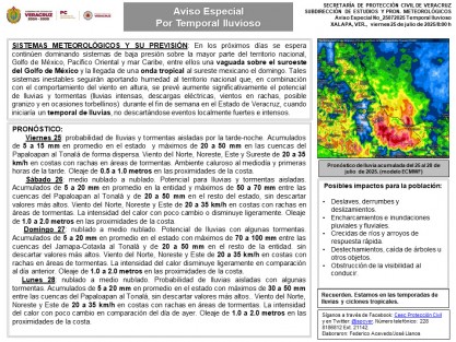 Viernes 25: probabilidad de lluvias y tormentas aisladas por la tarde-noche. 