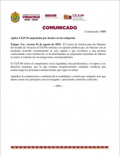 A través de un comunicado oficial, el Centro de Justicia para las Mujeres del Estado de Veracruz (CEJUM) emitió un pronunciamiento en el que informó sobre la suspensión de la empleada involucrada en los accidentes vehiculares registrados la noche del martes 29 de julio en el centro de Xalapa.

