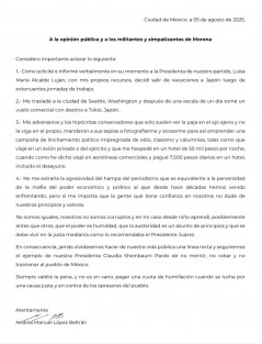 A través de un comunicado Andy López Beltrán, secretario de Organización de Morena, acusó que sufrió espionaje, acoso y linchamiento político por su viaje a Tokio, Japón