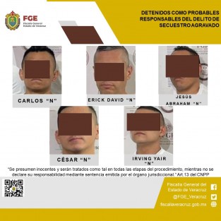Se cumplimentaron órdenes de aprehensión en contra de Erick David “N”, César “N”, Jesús Abraham “N”, Carlos “N”, Daniel “N” y/o Dariel “N” e Irving Yair “N” como probables responsables del delito de secuestro agravado.

