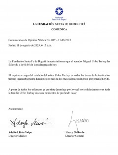 Este lunes 11 de agosto se confirmó, a través de un comunicado, el fallecimiento del senador colombiano Miguel Uribe Turbay, tras haber sufrido un ataque armado durante un mitin político en Bogotá el pasado 7 de junio.