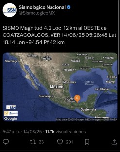 Durante la madrugada de este jueves 14 de agosto, se registró un sismo de magnitud 4.2 con epicentro en Coatzacoalcos, informó el Servicio Sismológico Nacional (SSN).

