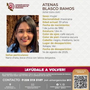 Solicitamos su colaboración para localizar a la C. Atenas Blasco Ramos, cualquier información contactar al número y/o correo que aparece al margen de este boletín