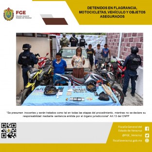 Seis personas detenidas, motocicletas, vehículo y objetos asegurados en operativo de cateo con fuerzas federales, estatales y municipales en San Andrés Tuxtla