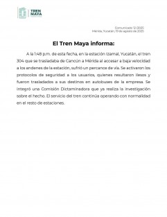 Derivado de el descarrilamiento de un convoy del Tren Maya en la localidad de Izamal, correspondiente al Tramo 3 del proyecto ferroviario, el tren maya informó a través de un comunicado que “se activaron los protocolos de seguridad a los usuarios, quienes resultaron ilesos y fueron trasladados a sus destinos en autobuses de la empresa”