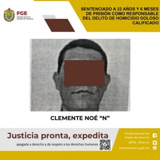 La Fiscalía Regional Veracruz logró sentencia condenatoria de 32 años y 6 meses de prisión en contra de Clemente Noé “N” como responsable del delito de homicidio doloso calificado en agravio del periodista José Moisés Sánchez Cerezo